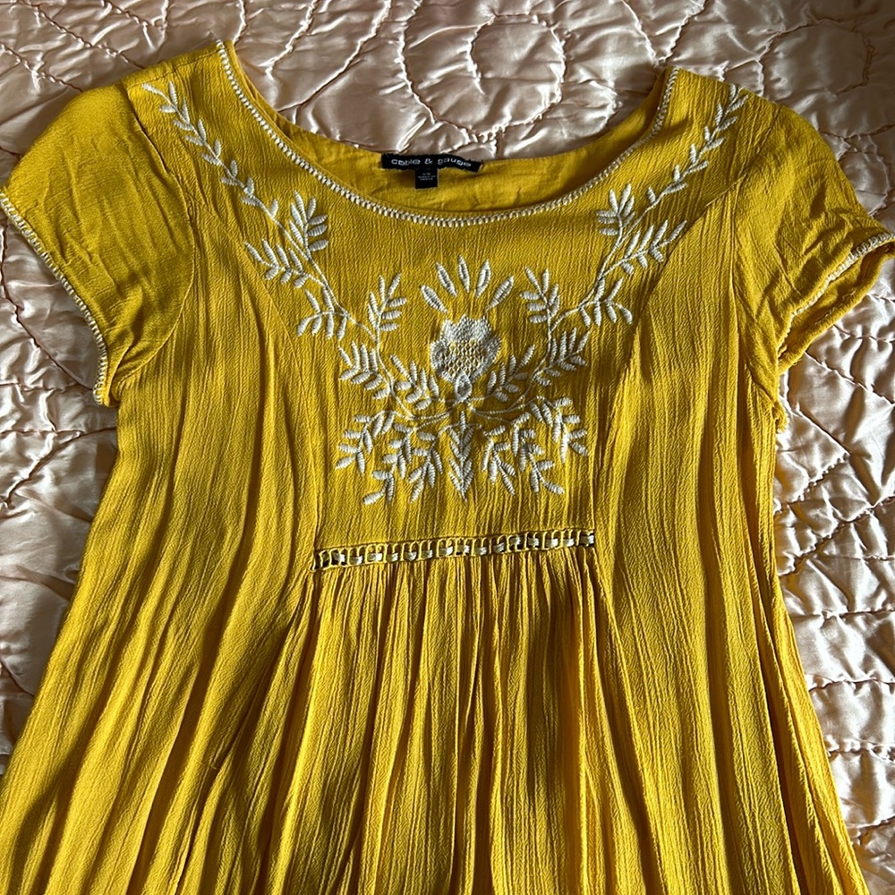 Mustard colored short sleeved embroidered dress